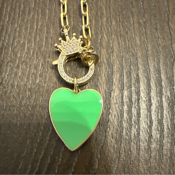 Melania Clara 18K Gold Plated Crown Clasp/Green Enamel Heart Pendant Necklace - Picture 2 of 9